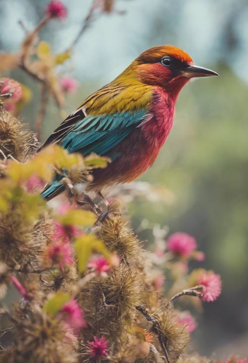 Винтажный путеводитель по наблюдению за птицами, демонстрирующий разнообразие ярких птиц в их естественной среде обитания».