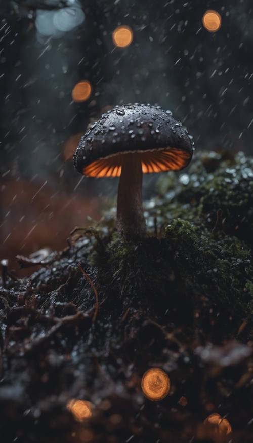 Un retrato de un hongo oscuro que crece en la corteza de un árbol durante una noche lluviosa.