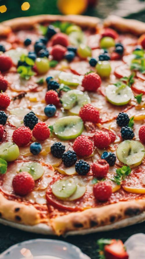 Uma suculenta pizza com cobertura de frutas em uma festa de verão no jardim.