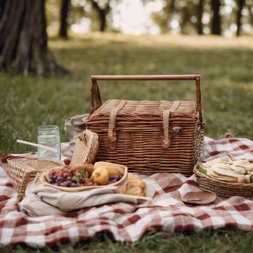 Una escena de picnic preparada con una manta a cuadros color canela y una canasta de paja.
