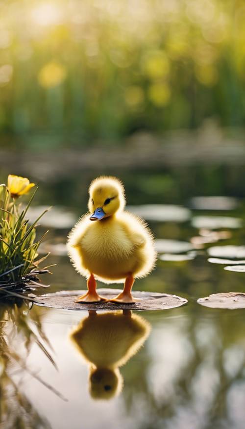 春の平和な池のふちを歩く黄色いアヒルの赤ちゃん　