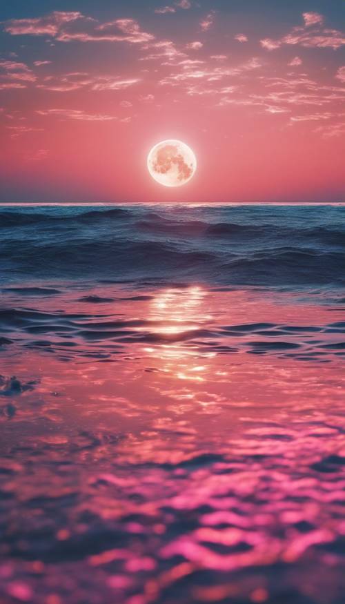 A landscape view of a sea, reflecting a neon-lit psychedelic sun and moon in the twilight.