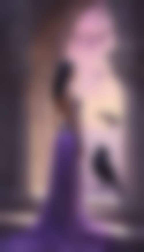 黒い髪と紫のドレスをまとったファンタジーのお姫様が石のバルコニーで優雅にポーズをとる