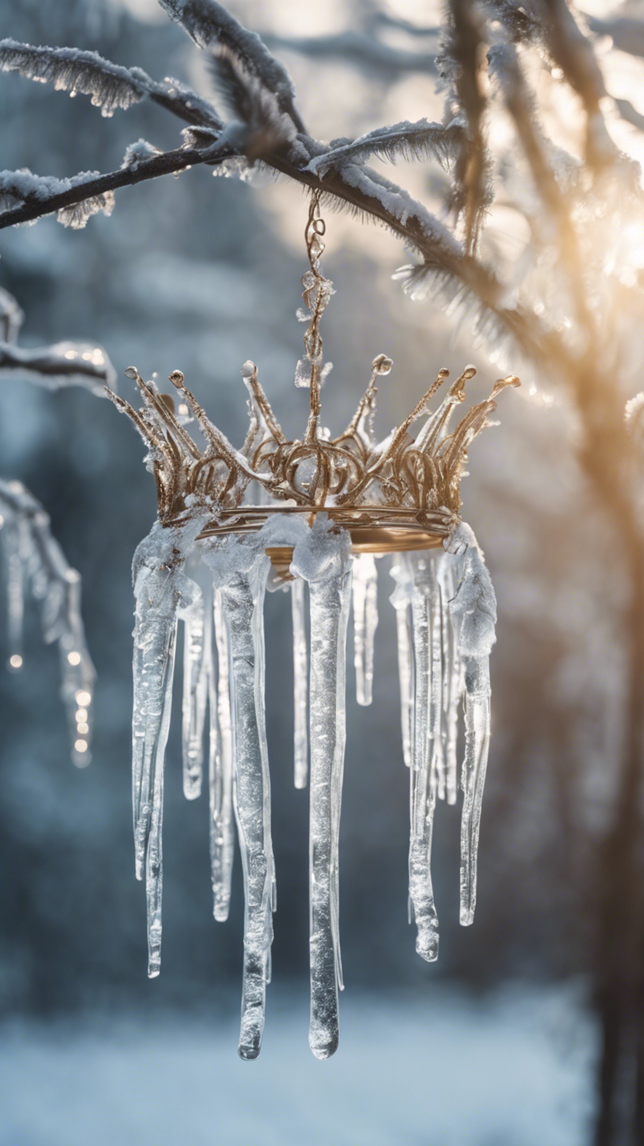A magical crown made from icicles hanging from a frosty branch on a crisp winter morning. 壁紙[45a415f8db0d4322b005]