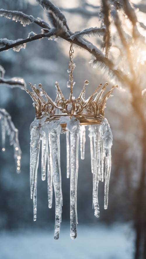 A magical crown made from icicles hanging from a frosty branch on a crisp winter morning. 