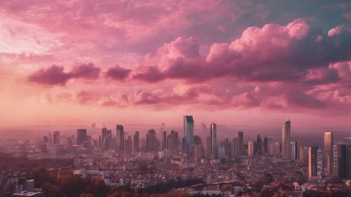 Uma silhueta deslumbrante da paisagem urbana sob um céu de nuvens rosa fofas ao pôr do sol.