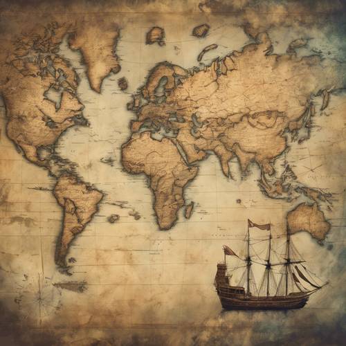 แผนที่โลกเก่าที่จางหายไปพร้อมเรือโบราณที่แล่นอยู่ในทะเล