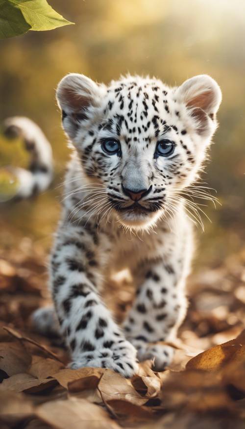 A playful white leopard cub, vibrant and full of youth, pouncing on a leaf blowing in the wind. Wallpaper [59bf288adb9d44e886c3]