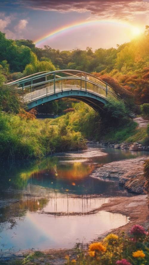 A fantastical transformation of landscape where a rainbow bridges the gap between the sun and the moon.
