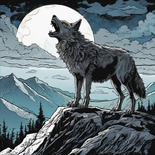 Una escena nocturna con un lobo de dibujos animados aullando a la luna llena, parado en la cima de una montaña alta.