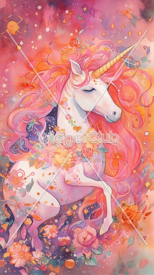 Unicorno magico in un mondo floreale da sogno