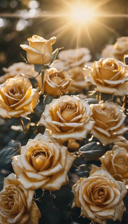 Taman penuh bunga mawar emas berkilauan di bawah sinar matahari sore