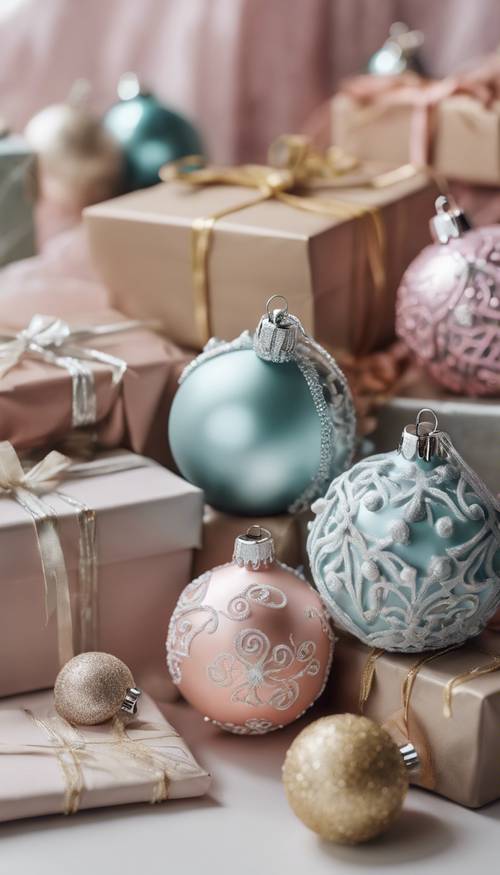 Cztery pastelowe ozdoby świąteczne ze skomplikowanymi wzorami leżą obok kilku zapakowanych prezentów.
