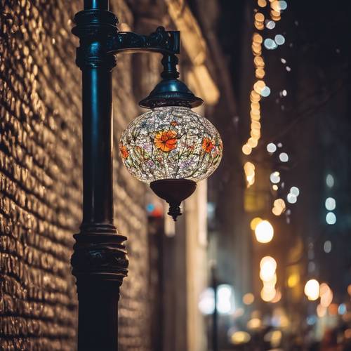 Un lampadaire solitaire la nuit décoré de motifs de fleurs indépendantes sur le poteau. Fond d&#39;écran [6db7f5a0ad7742a3bbcd]