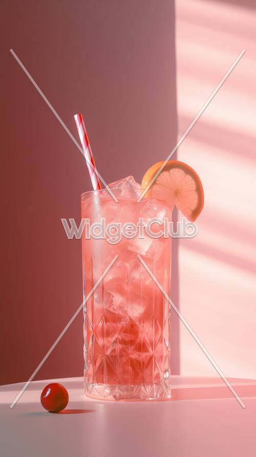레몬 슬라이스와 줄무늬 빨대가 어우러진 상큼한 핑크 음료