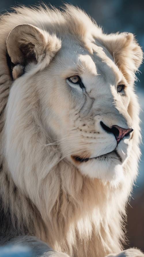 Белый лев величественно лежит на заснеженной вершине на фоне ясного голубого неба.