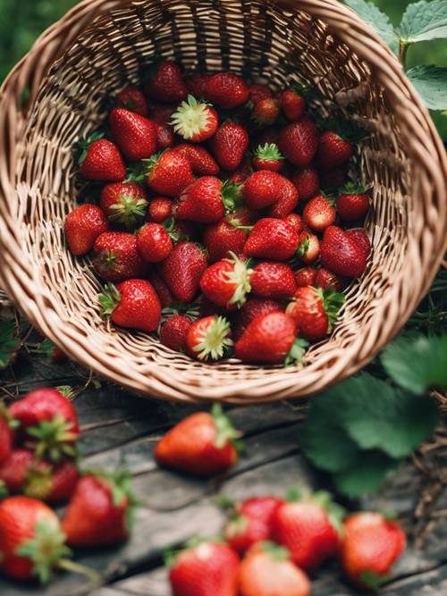 Eine Reihe frisch gepflückter Erdbeeren in einem Weidenkorb an einem Julimorgen.