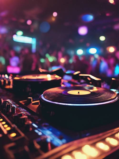 Uma vista da perspectiva do DJ em uma movimentada discoteca, discos girando e multidão dançando.