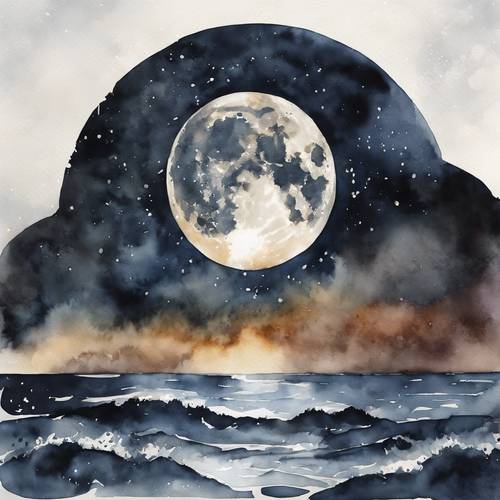 満月が雲の後ろに隠れた暗い夜を力強く描いた水彩画