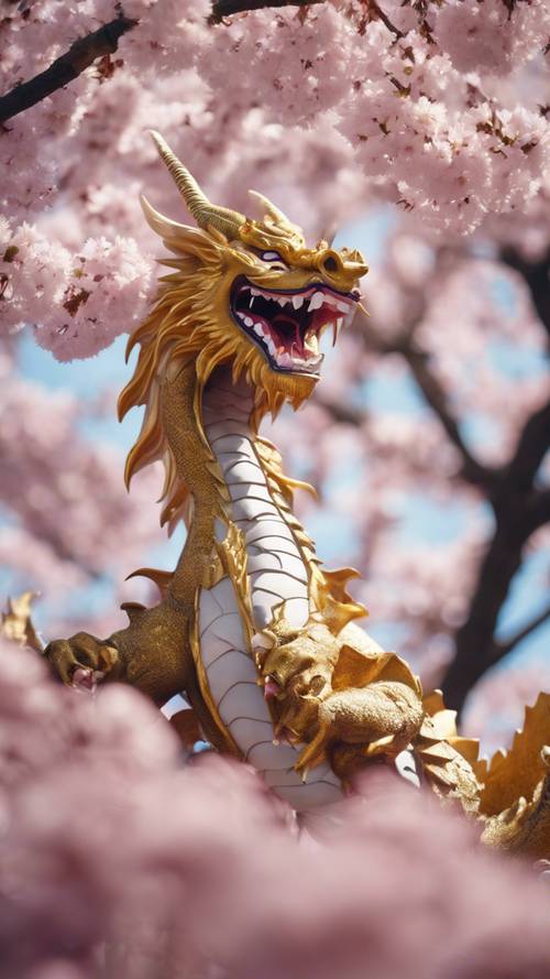Un juguetón dragón japonés retozando en el festival de los cerezos en flor.