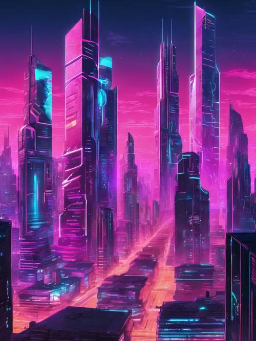 Un futuristico paesaggio urbano cibernetico con grattacieli luminosi realizzati in vetro e acciaio.