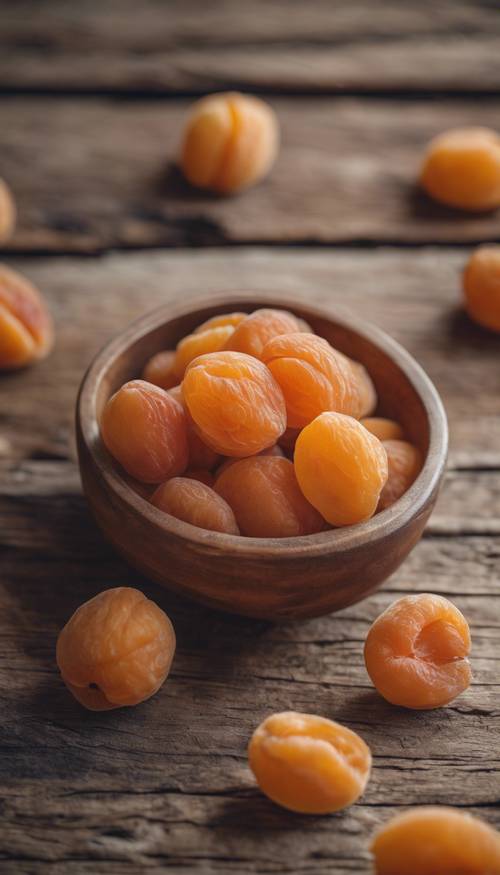 A handful of dried apricot fruits on a vintage wooden background.