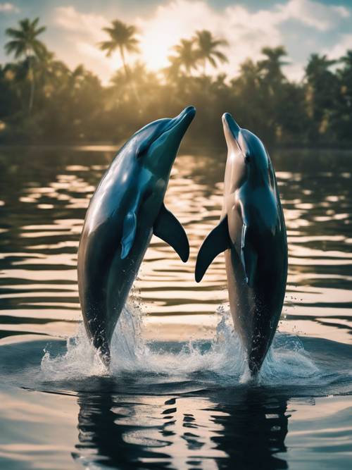 זוג דולפינים שוחים בצוותא מושלם, הצלליות שלהם משתקפות על פני השטח השלווים של מפרץ טרופי מבודד.
