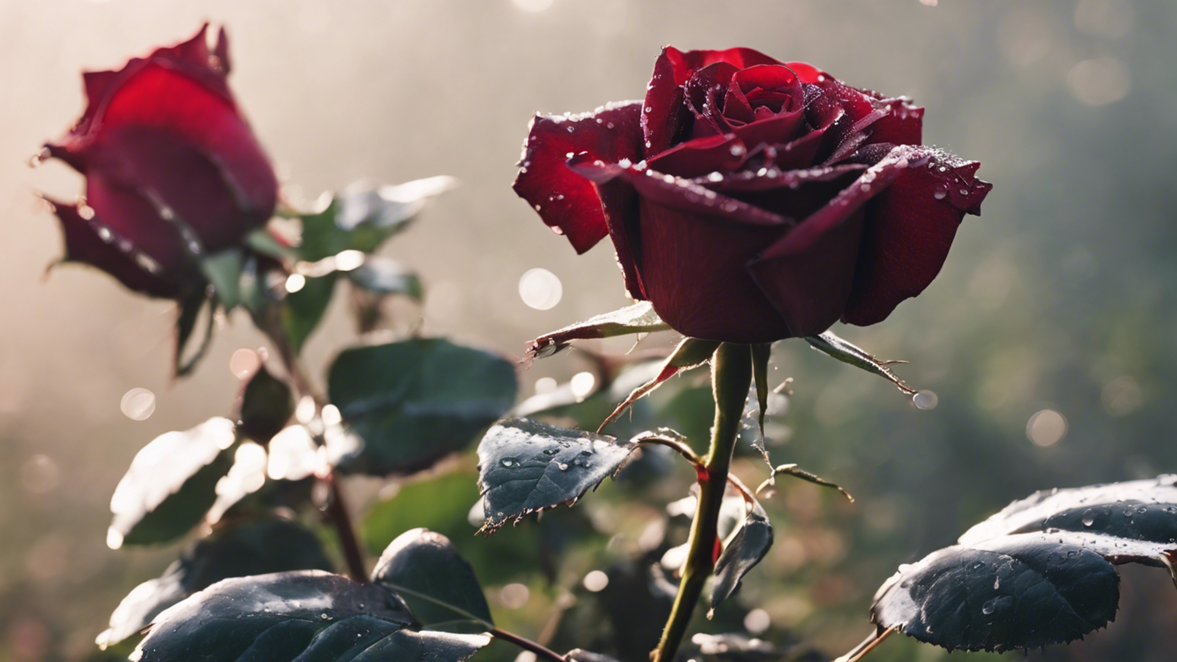 A lush dark red rose in full bloom, glistening with morning dew. Tapeta[3308270db75d4dd78aa2]