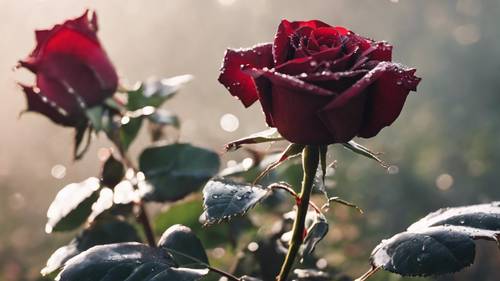 一朵鬱鬱蔥蔥的深紅色玫瑰盛開，在晨露的襯托下閃閃發光。