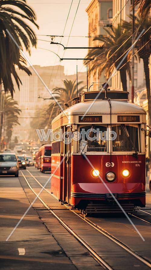 Promenade en tramway au coucher du soleil à travers la ville
