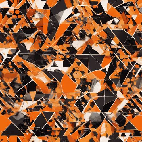 Абстрактная картина черных геометрических фигур на ярком оранжевом фоне.