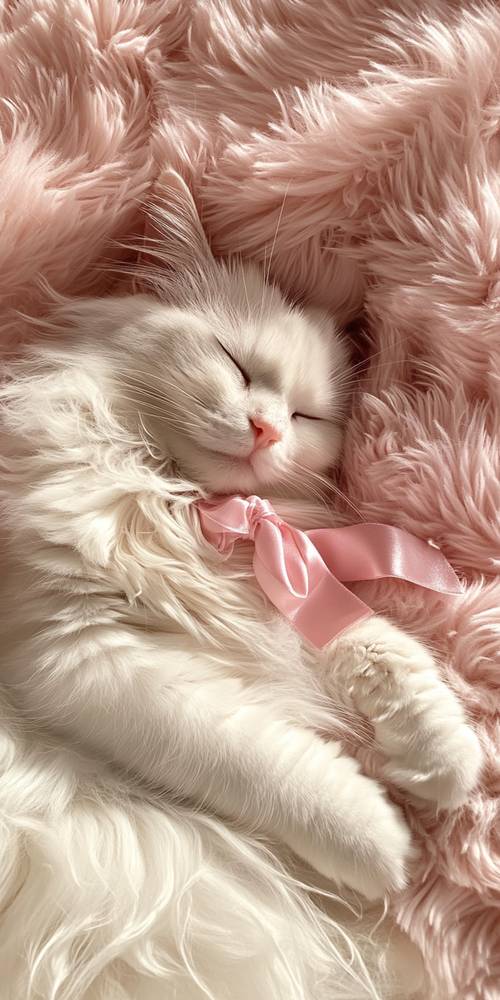 Sleeping Kitten on Fluffy Pink Blanket