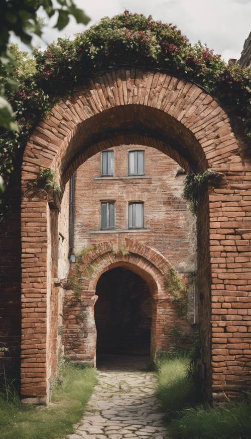 Um arco rústico de tijolos em um castelo europeu centenário.