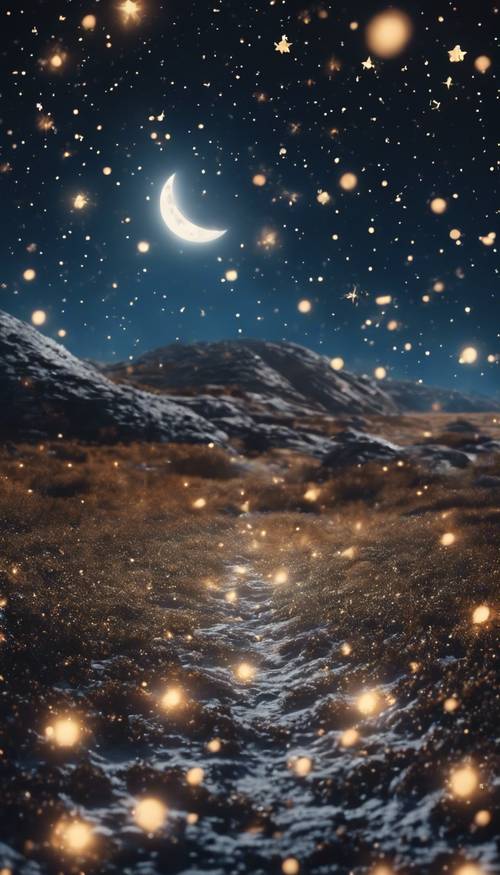 Сверкающие звезды раскинулись по лунному ночному пейзажу.