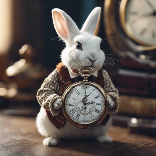 A white rabbit dressed in a waistcoat, nervously checking an antique pocket watch.