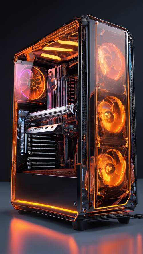 An image of an advanced gaming PC with a transparent side panel, revealing a sophisticated black and orange internal configuration.