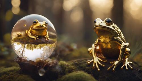 A mystical image of a golden, glowing frog resting on a crystal ball in a magical forest at twilight.