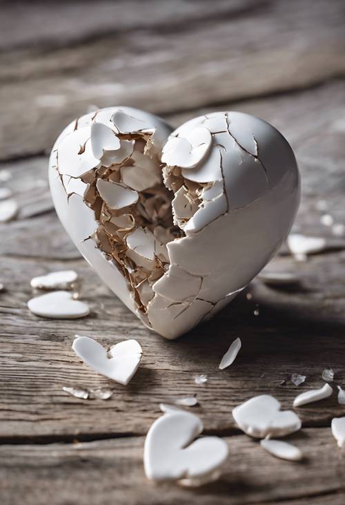 Un délicat cœur en porcelaine brisé sur une vieille table en bois.