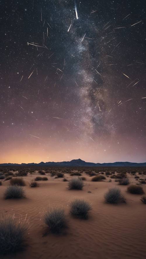 A sky full of shooting stars over a peaceful desert scene. Tapet [e213fbf2b3994edbaf69]