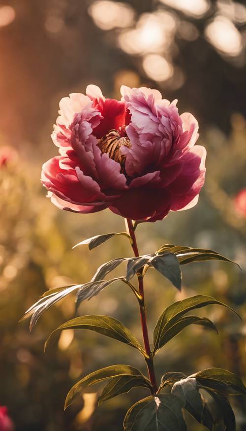 زهرة الفاوانيا بورجوندي تستحم في ضوء غروب الشمس الذهبي الناعم.