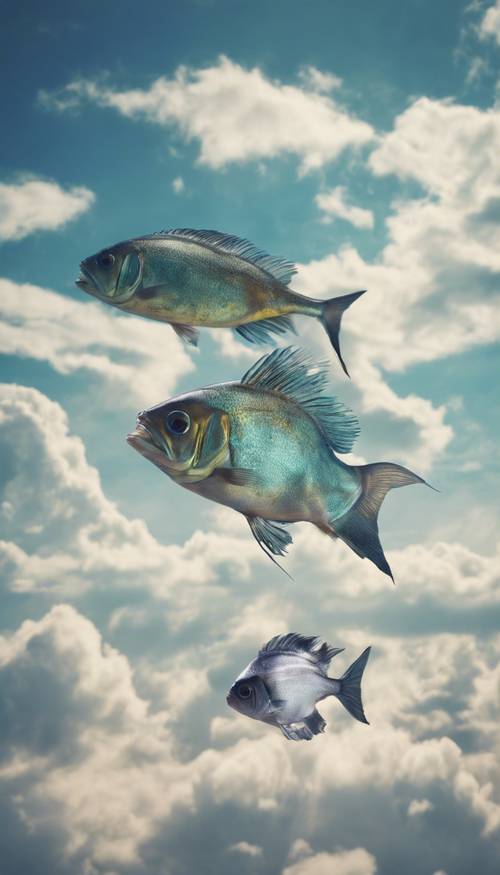 A cool and unusual scene of funky fish swimming through the sky amid the clouds.