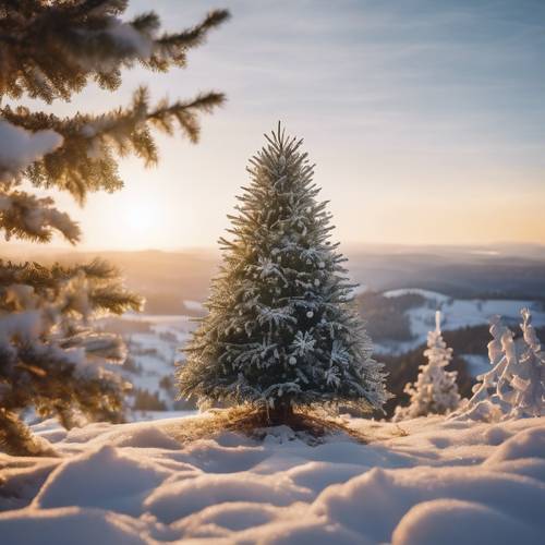 Ein einsamer Weihnachtsbaum auf einer Hügelkuppe bei Sonnenaufgang. Sein Schmuck glitzert vom Morgentau und frischem Schnee.