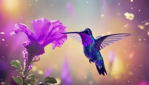 Burung kolibri berwarna ungu neon terbang menuju bunga yang dipenuhi nektar.