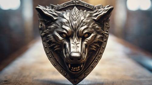Stemma di un eroe epico, raffigurante una testa di lupo ringhiante, che simboleggia il coraggio e la lealtà familiare, realizzato in stile medievale in metallo.