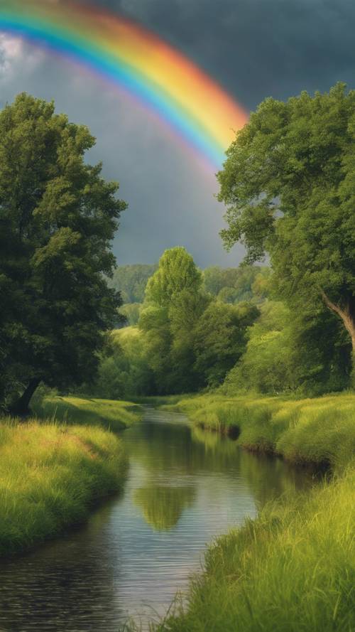 Một dòng sông êm đềm bên đồng cỏ tươi tốt, với cầu vồng rực rỡ vắt ngang bầu trời sau cơn mưa hạ nhẹ nhàng.