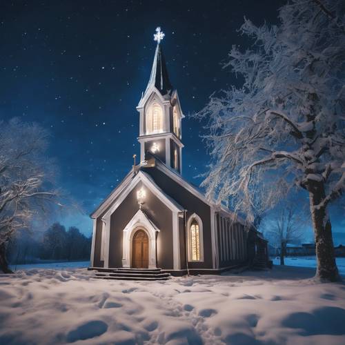 A snowy countryside church lit by a blue star on Christmas night