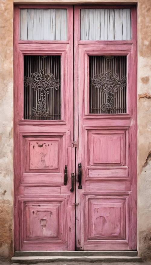 한낮의 더위 속에서 풍화된 흰색 벽과 대비되는 잘 낡은 분홍색 나무 문 이미지.