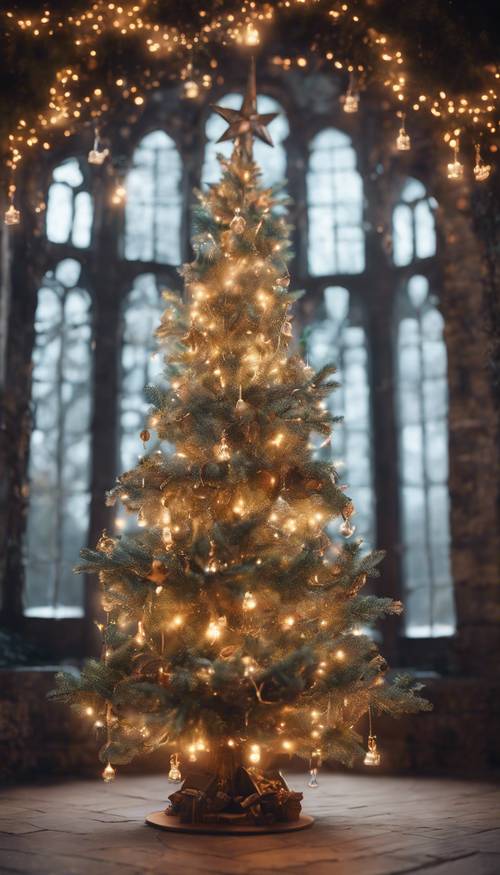 Un árbol de Navidad encantado que ilumina un castillo de cuento de hadas inspirado en los hermanos Grimm.