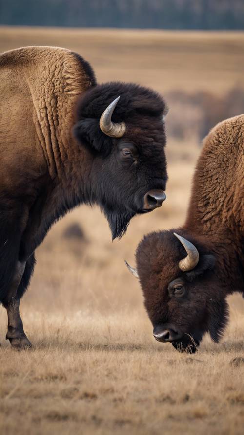 A pair of bison engaged in a competitive display during the rut season.