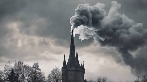 An ominous coil of grey smoke circling the spire of a haunted castle.